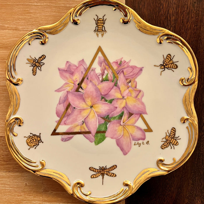 scrolled plate with pink flowers and gold