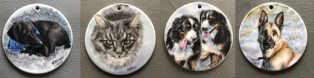 4 hand painted pet ornaments