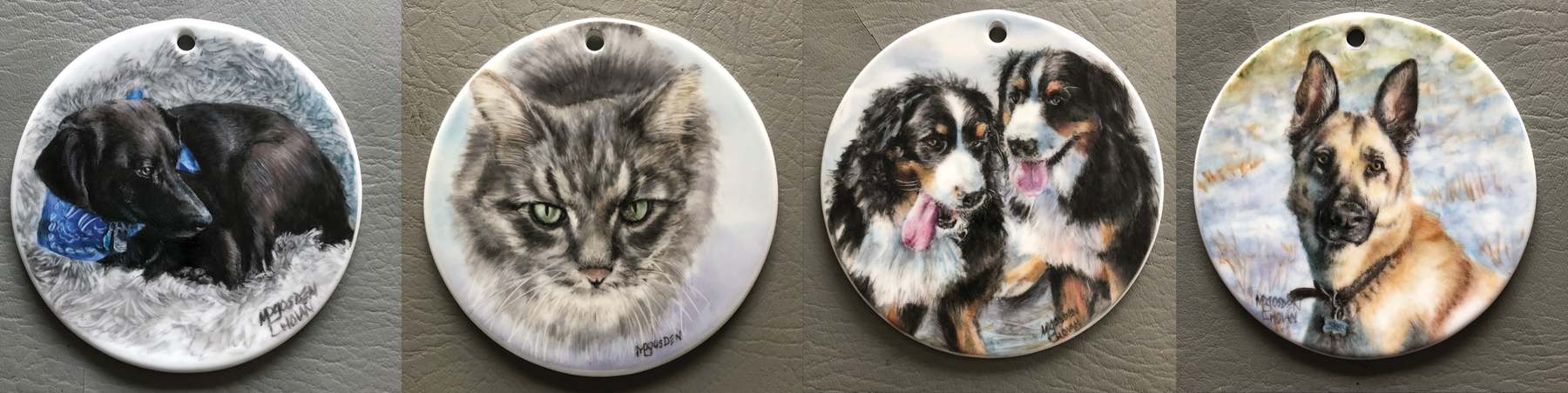 4 hand painted pet ornaments