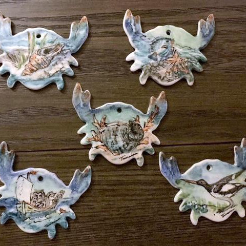 Crab Ornaments with Seaside Paintings