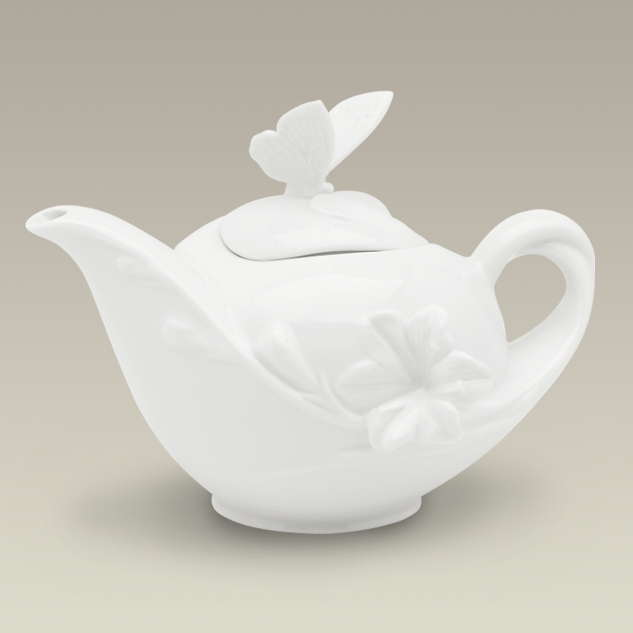 Cream Butterfly Motif Teapot, 6"