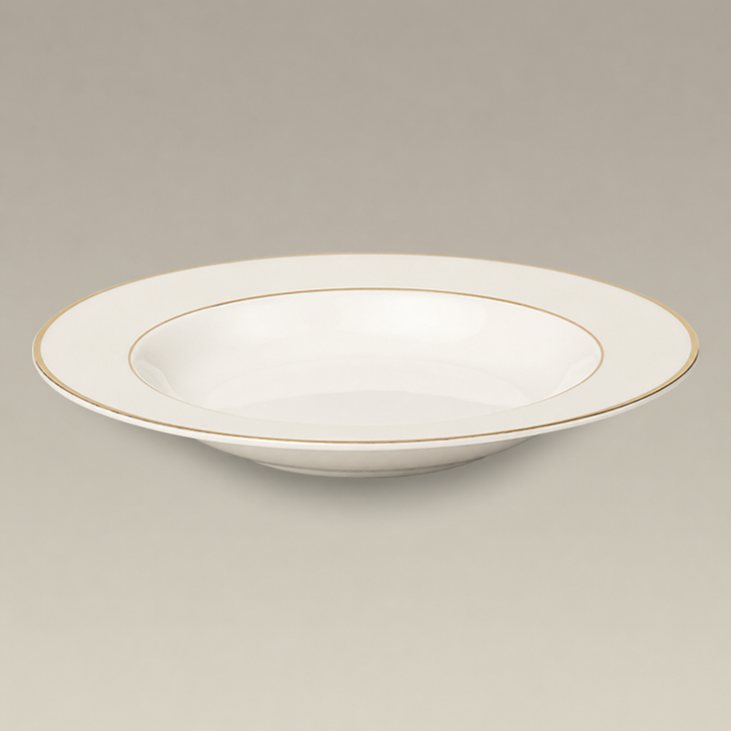 Double Gold Banded Warm White Rim Bowl, 8.75"