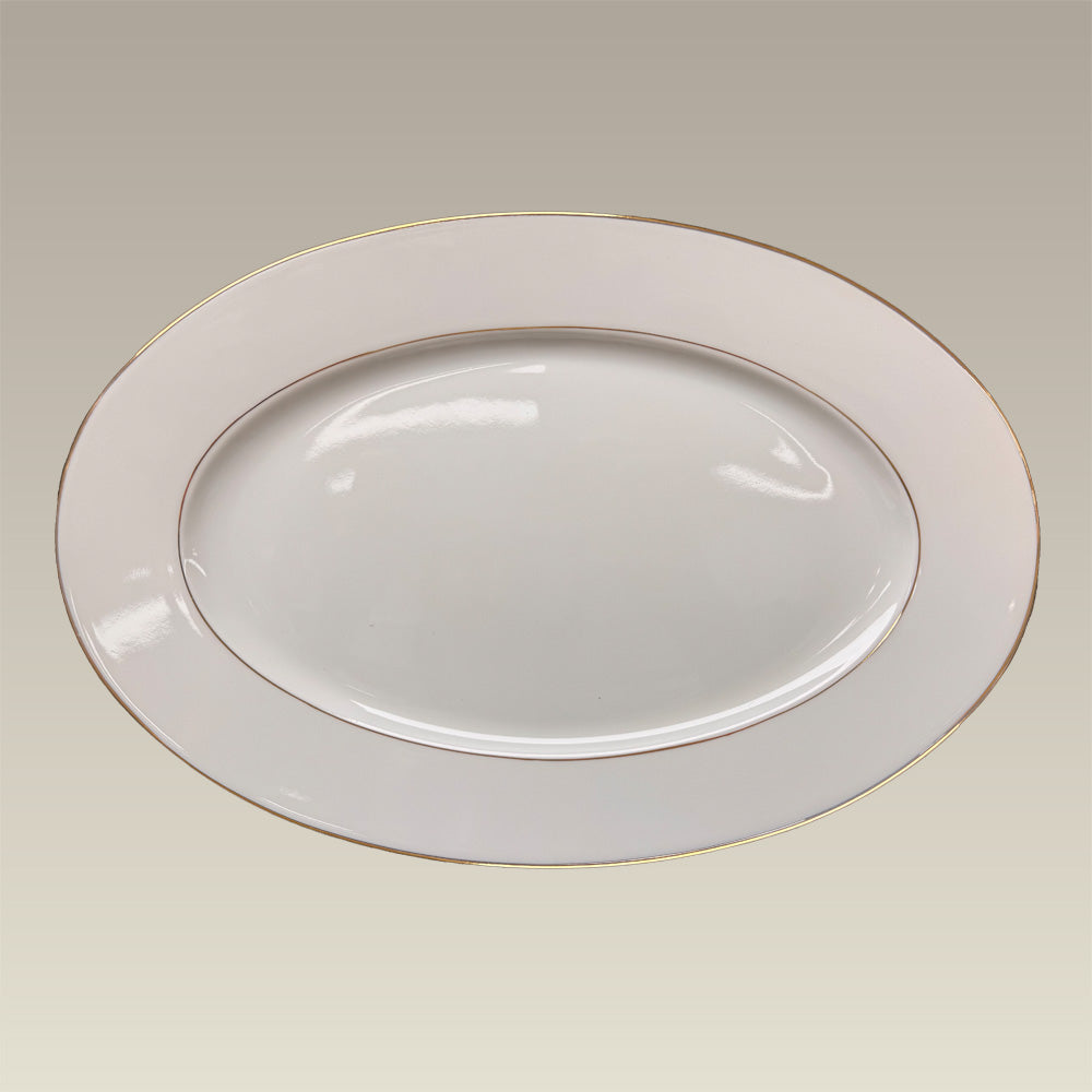 Double Gold Banded Warm White Oval Platter, 14.875"
