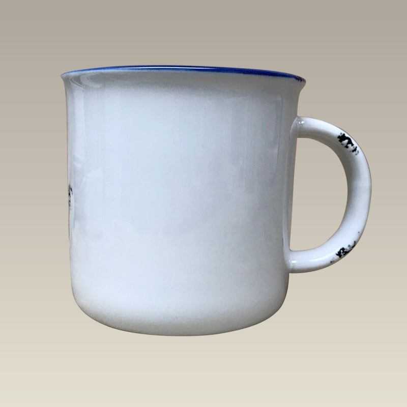 15 oz. Stoneware Distressed Sublimation Mug with Blue Trim