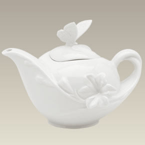 Cream Butterfly Motif Teapot, 6"