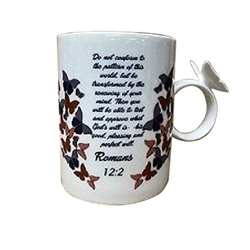 Butterfly Handle Cream Colored Mug with Romans 12:2 Verse, 14 oz